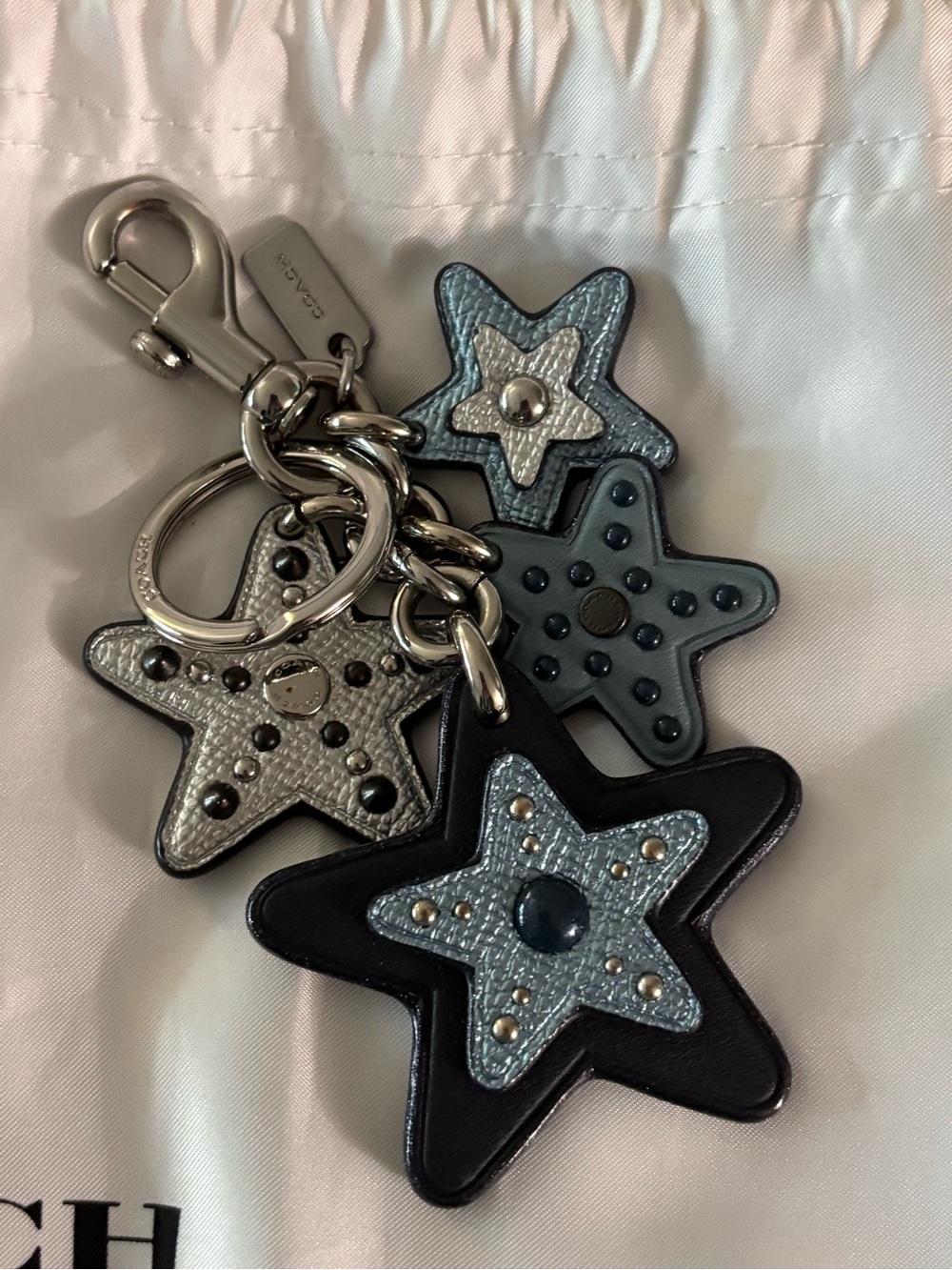 Coach Multi Star Bag Charm Keychain Metallic Blue Silver Black Studded - Picture 2 of 6
